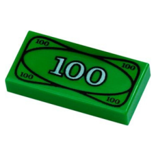 LEGO 3069pbx7 Green Tile 1 x 2 with Groove with White 100 Paper Bill Money Pattern (losse stenen 25-5)*P